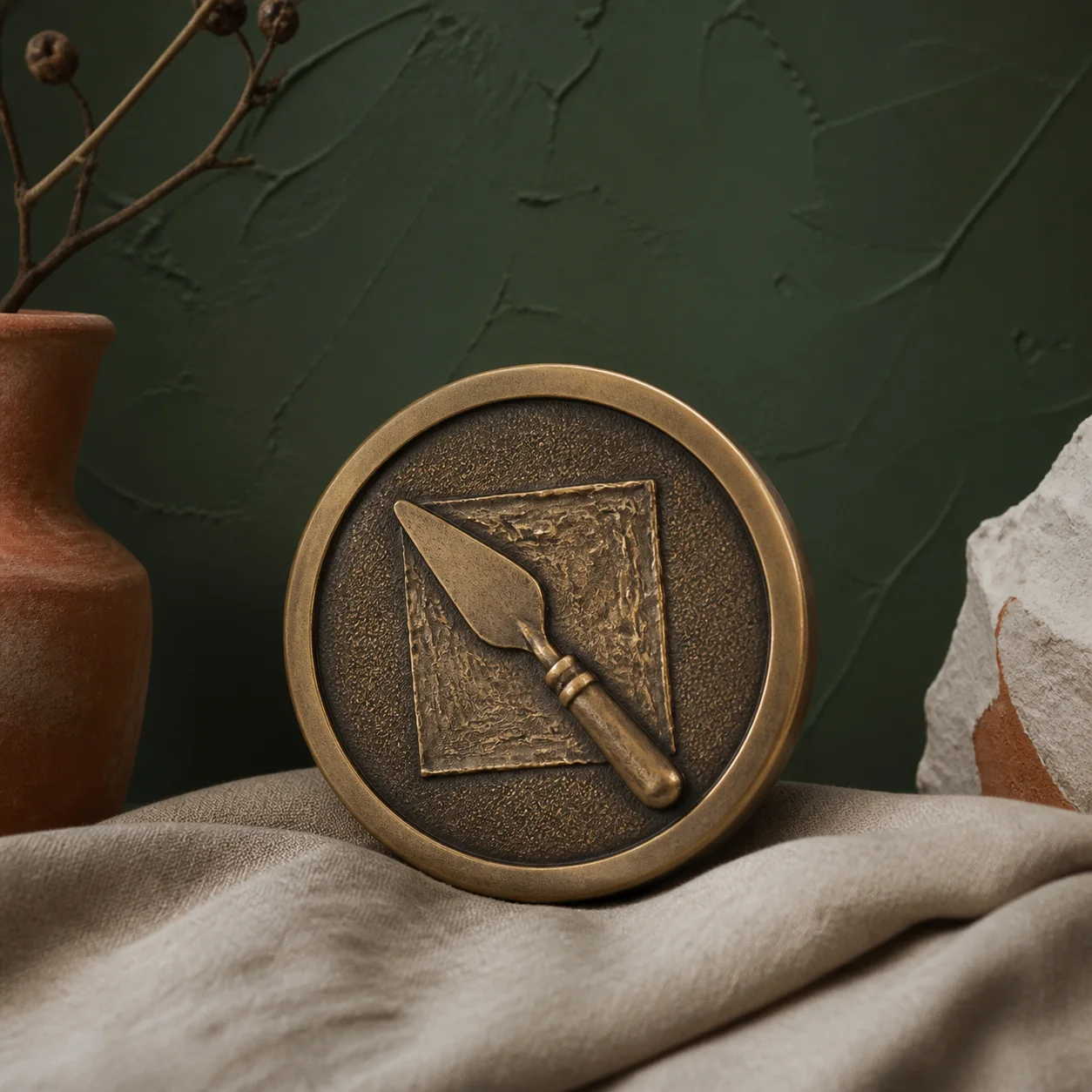 Medallón de garantía con espátula y lienzo en relieve