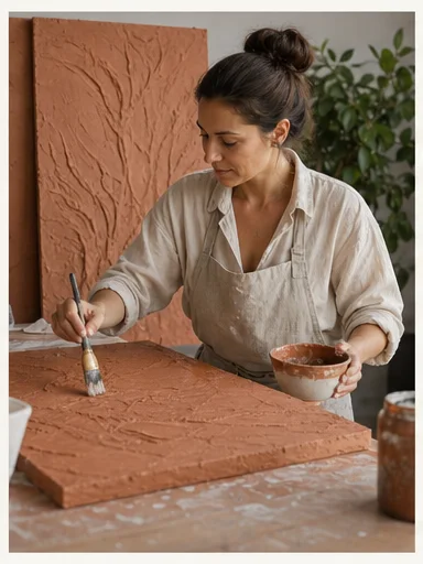 Mujer pintando una obra color terracota