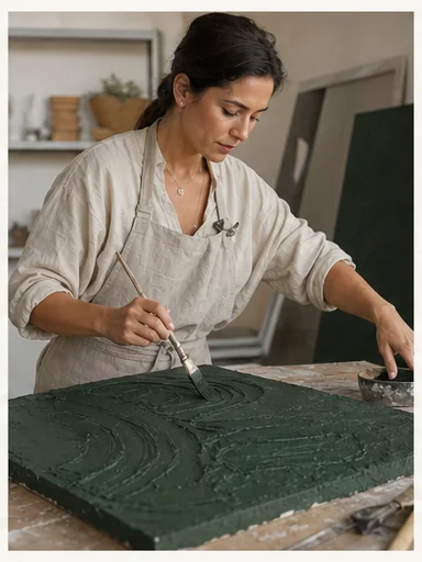 Mujer pintando una textura verde pino